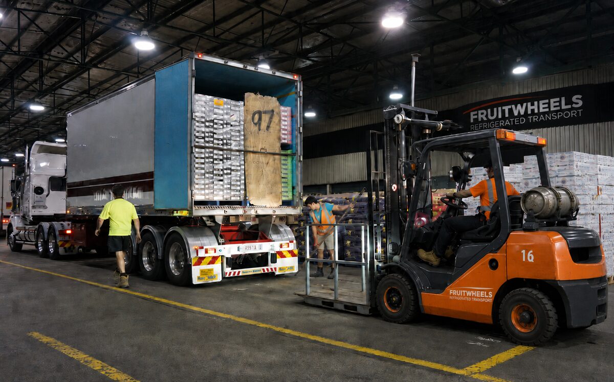 Fruit Wheels forklift cross-docking pallets from an interstate B-double inside the warehouse