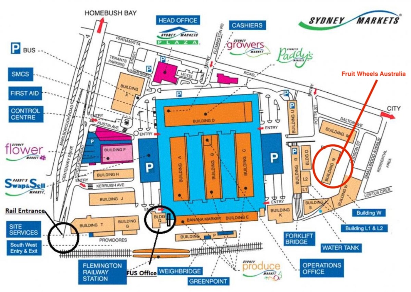Official Sydney Markets site map with Fruit Wheels Australia circled at Building N