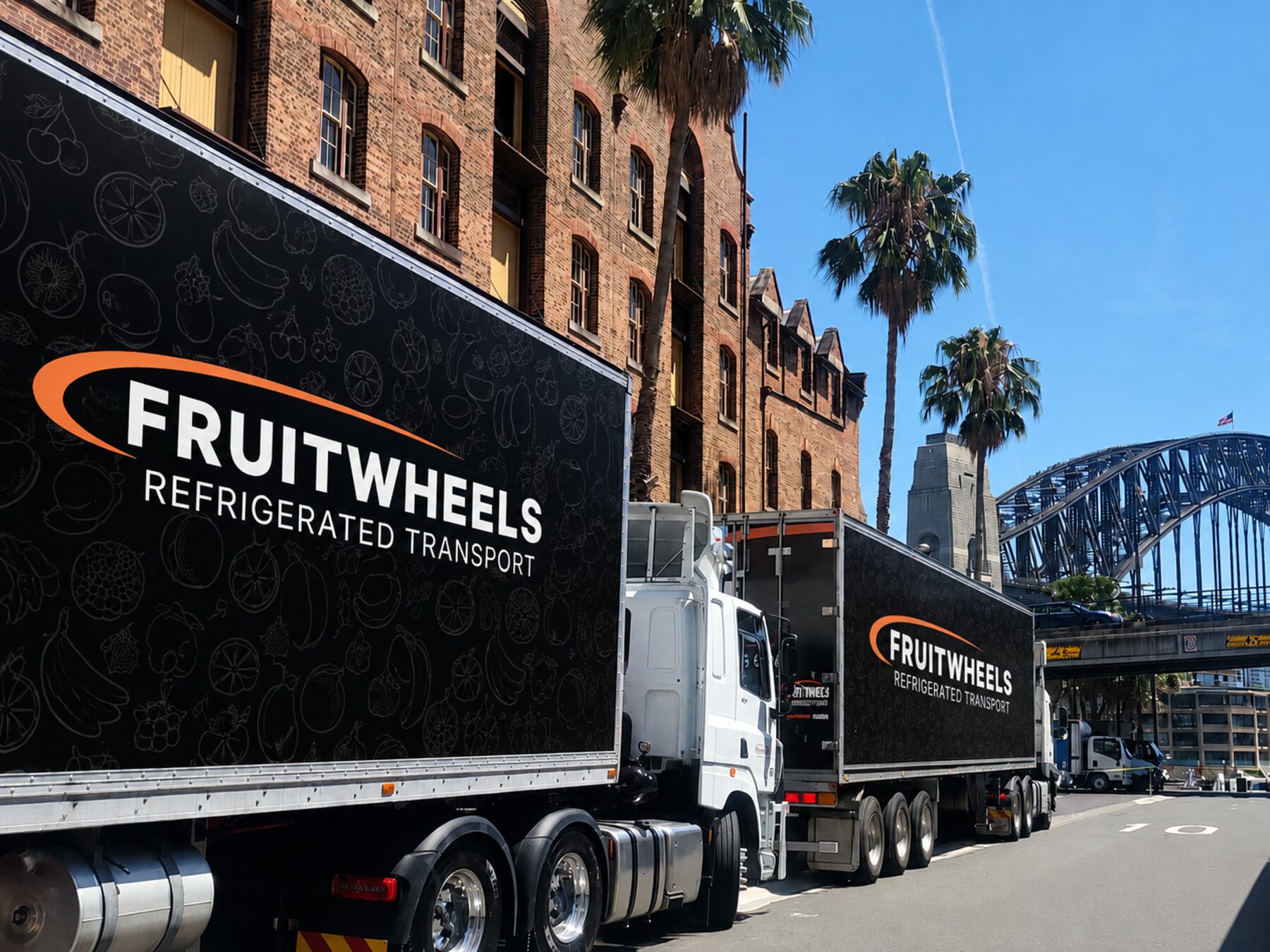 Two Fruit Wheels trucks passing the Sydney Harbour Bridge